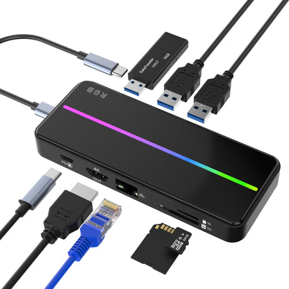 Music Sync USB Type C Hub Dock for Macbook Pro Air OTG 8-in-1 with RGB USB3.1 HD output PD RJ45 SD TF Docking Station